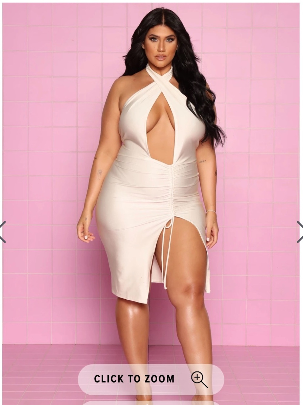 Halter Ruched Cutout Midi Dress in Cream